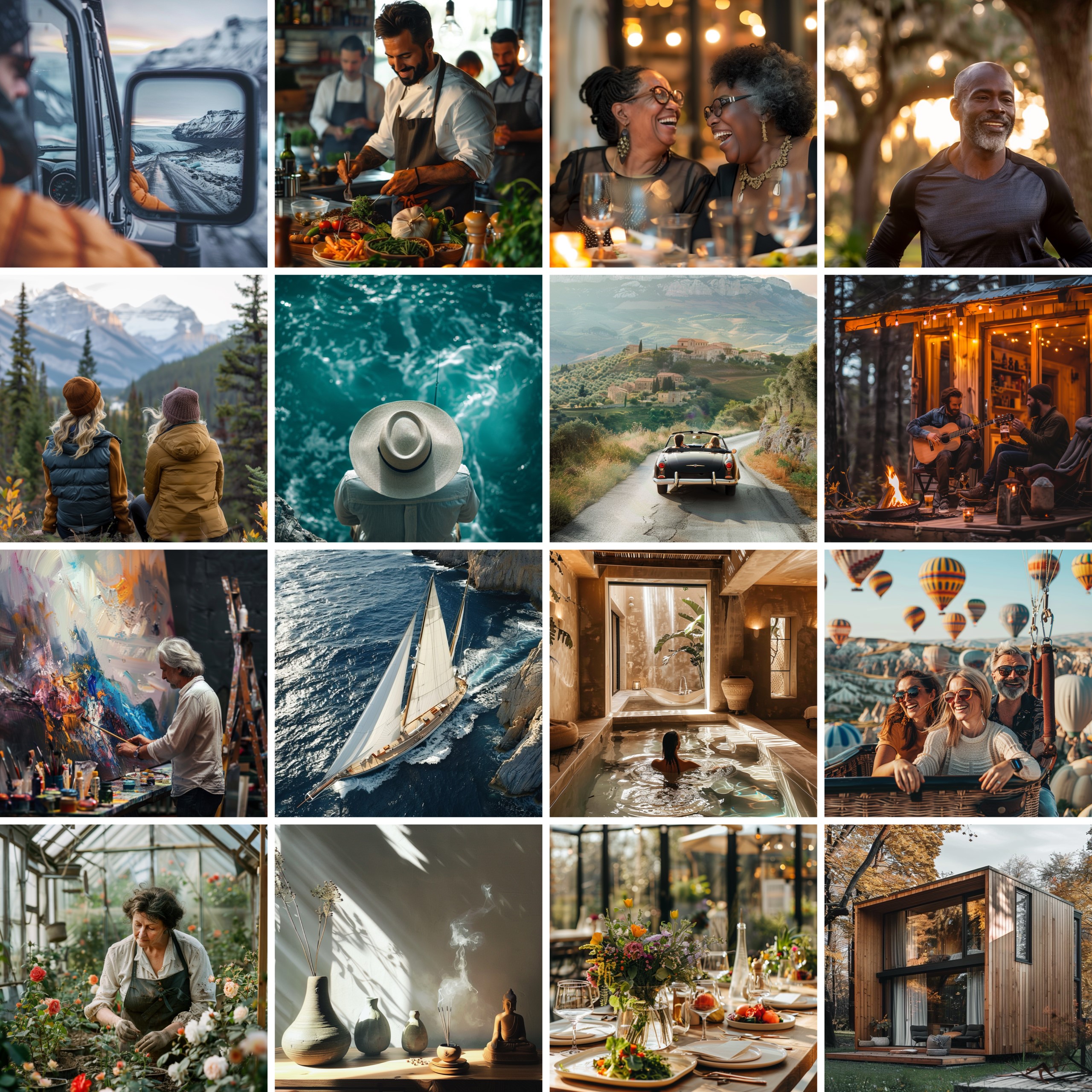 The image presents a visually striking collage of 16 photographs, each showcasing a unique scene or activity. The images are arranged in four rows of four, with white borders separating them. * **Top Row:** * A person's hand is visible through the window of a vehicle. * People are gathered around a table, likely enjoying food and drinks. * Two individuals are depicted from behind, wearing aprons and engaged in cooking or serving. * A man with a beard and glasses is shown smiling at something off-camera. * **Second Row:** * A scenic view of mountains and trees. * A person stands on the edge of a body of water, gazing out. * A sailboat glides across the surface of the water. * Hot air balloons soar through the sky. * **Third Row:** * An artist paints at an easel. * A boat sails across the water. * A person relaxes in a hot tub or pool. * A group of people sit around a table, laughing and chatting. * **Bottom Row:** * A person tends to plants in a greenhouse. * A vase sits on a table, surrounded by flowers. * A plate of food is placed on a table. * A small wooden structure with an open door. In summary, the image showcases a diverse range of scenes and activities, from outdoor adventures and social gatherings to artistic pursuits and everyday life. The use of vibrant colors and natural light adds depth and visual interest to each photograph.