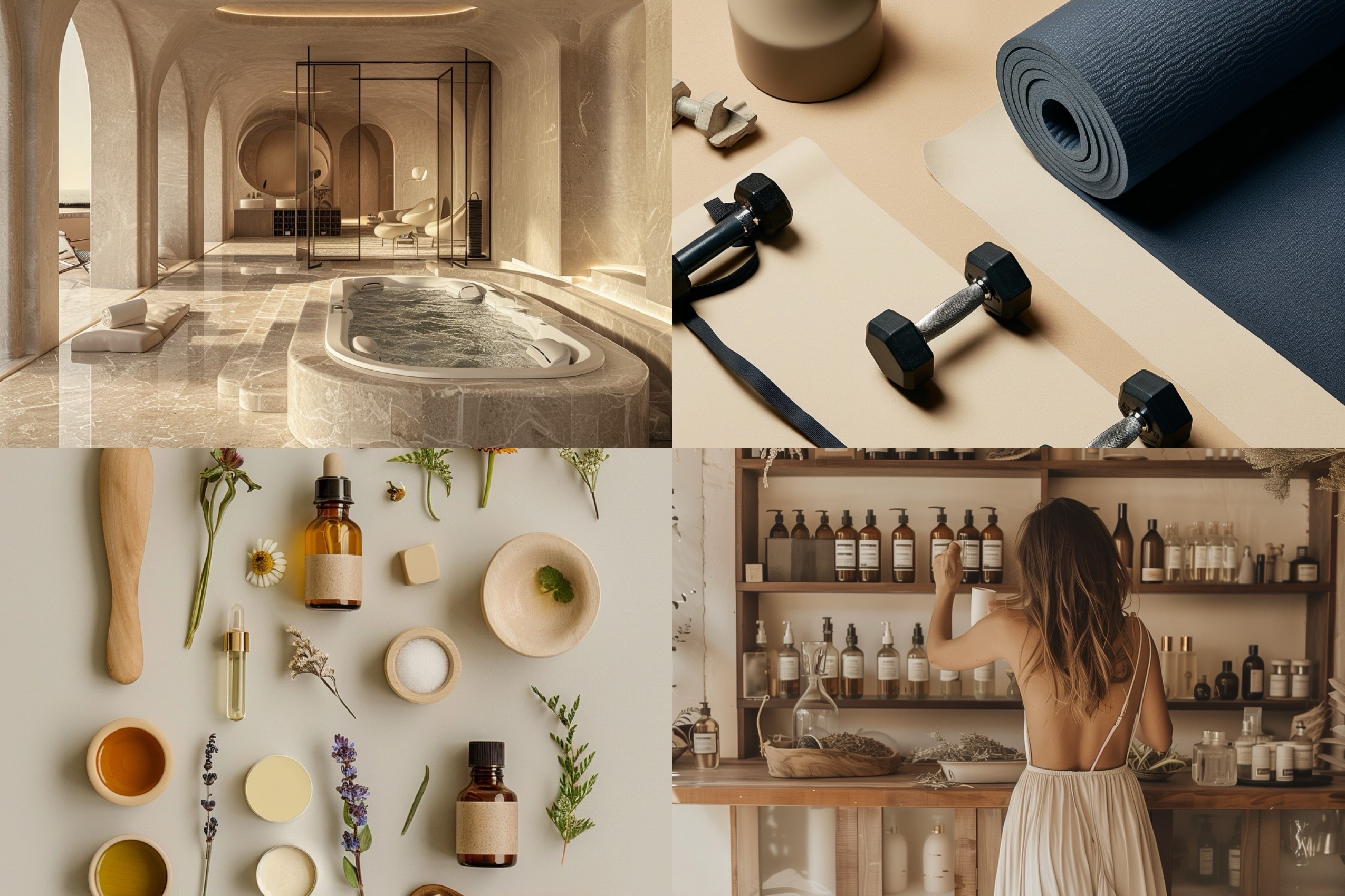 This collage presents five distinct images that collectively evoke a sense of wellness and relaxation. The top-left image features an arched, tan-colored room with a marble-tiled floor, showcasing a large bathtub in the center. The adjacent image reveals a black yoga wheel on a beige surface. Below these two images lies a third one, arranged from left to right: an assortment of small bottles containing various oils or creams, accompanied by a few flowers and herbs; a roll of dark blue yoga mat; and a woman with long brown hair wearing a white dress, standing in front of a wooden cabinet stocked with an array of glass bottles. The overall ambiance of the collage is calming and peaceful, suggesting a spa-like atmosphere where one can unwind and rejuvenate.