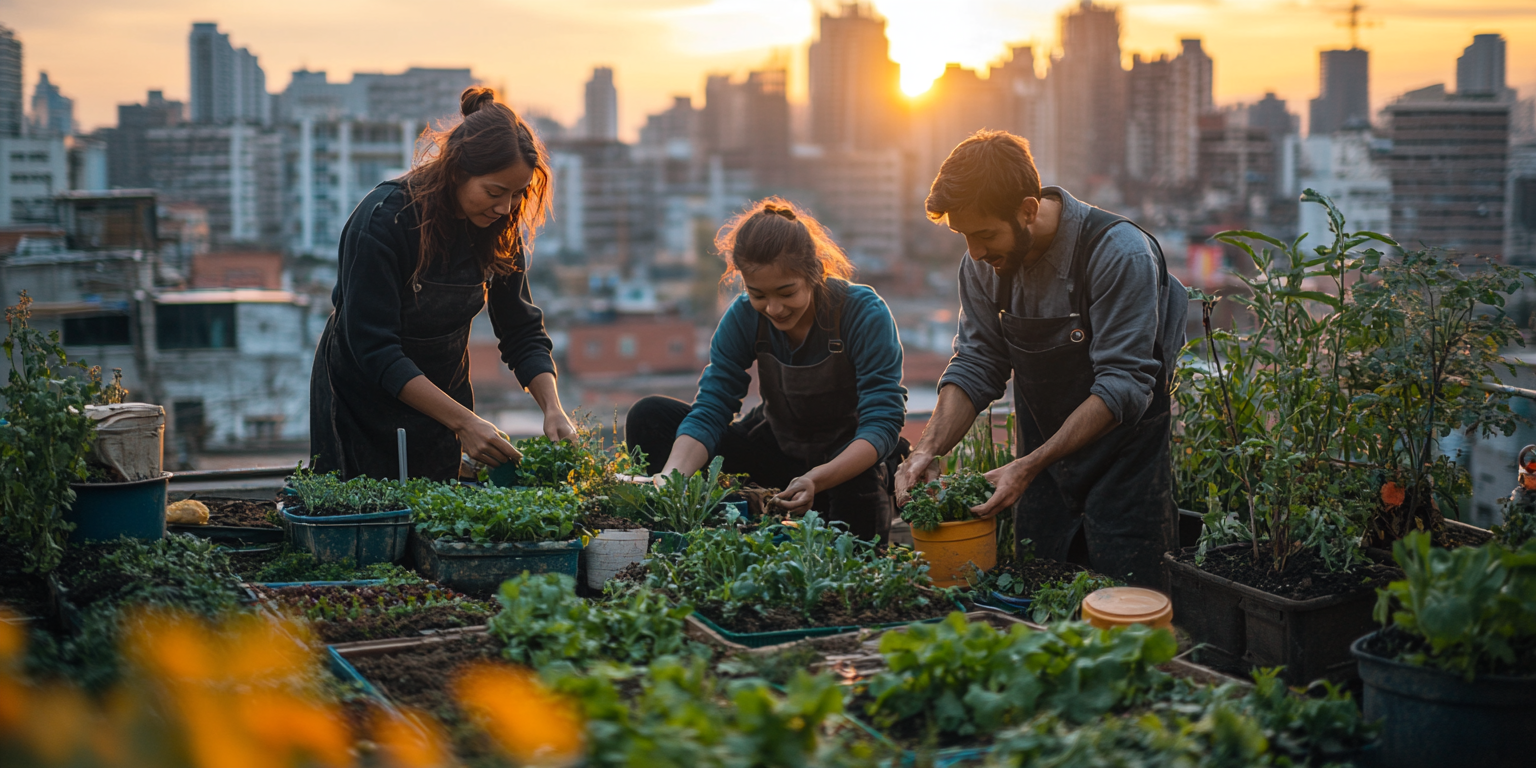 Urban Gardening bei Sonnenuntergang: Eine Gruppe von Menschen pflegt einen Dachgarten mit der Skyline der Stadt im Hintergrund und verbindet so Natur und urbanes Leben.