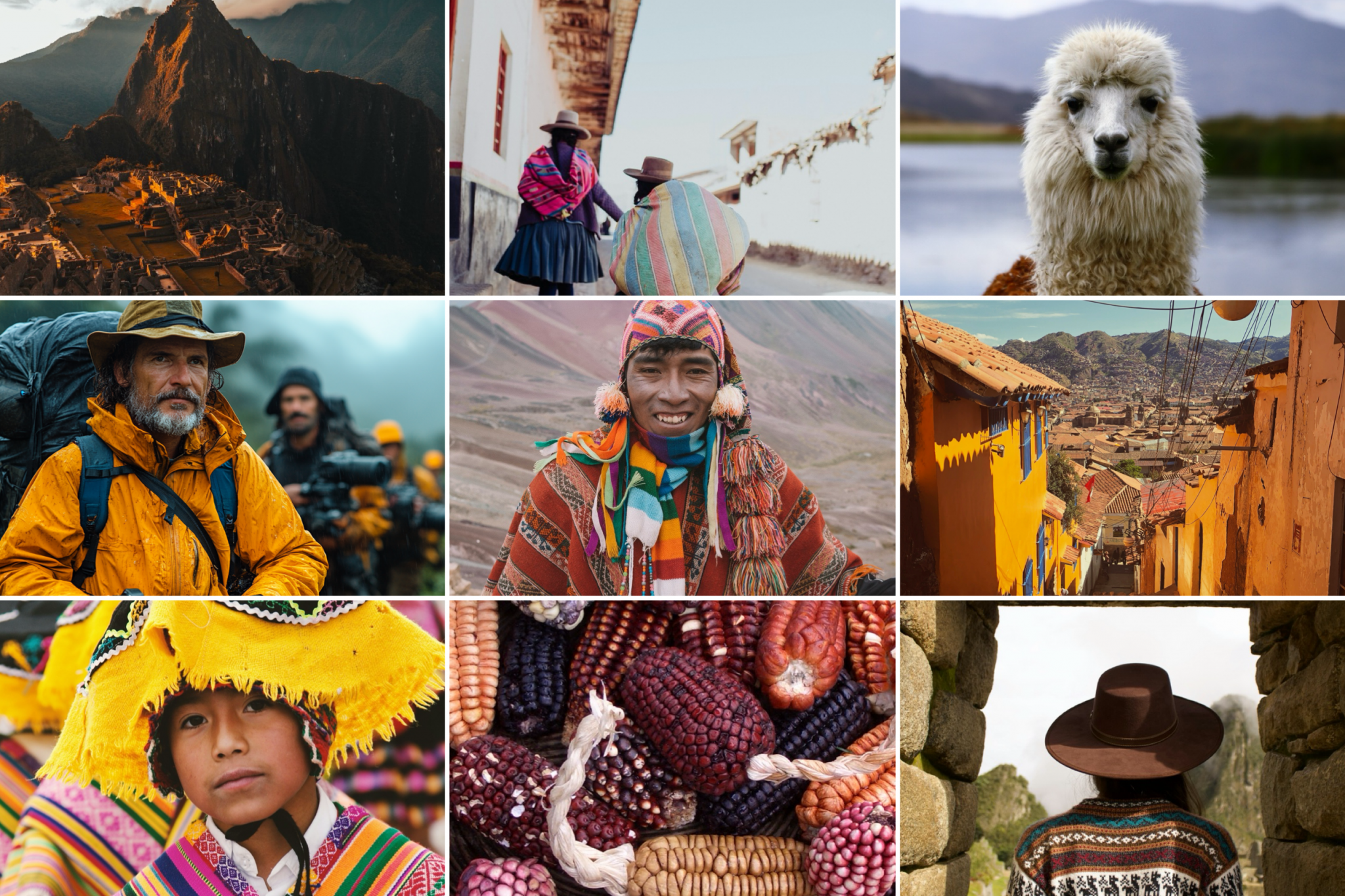 "Collage of images showcasing Peruvian culture: Machu Picchu, traditional clothing, llamas, vibrant landscapes, Andean people, and colorful corn varieties."