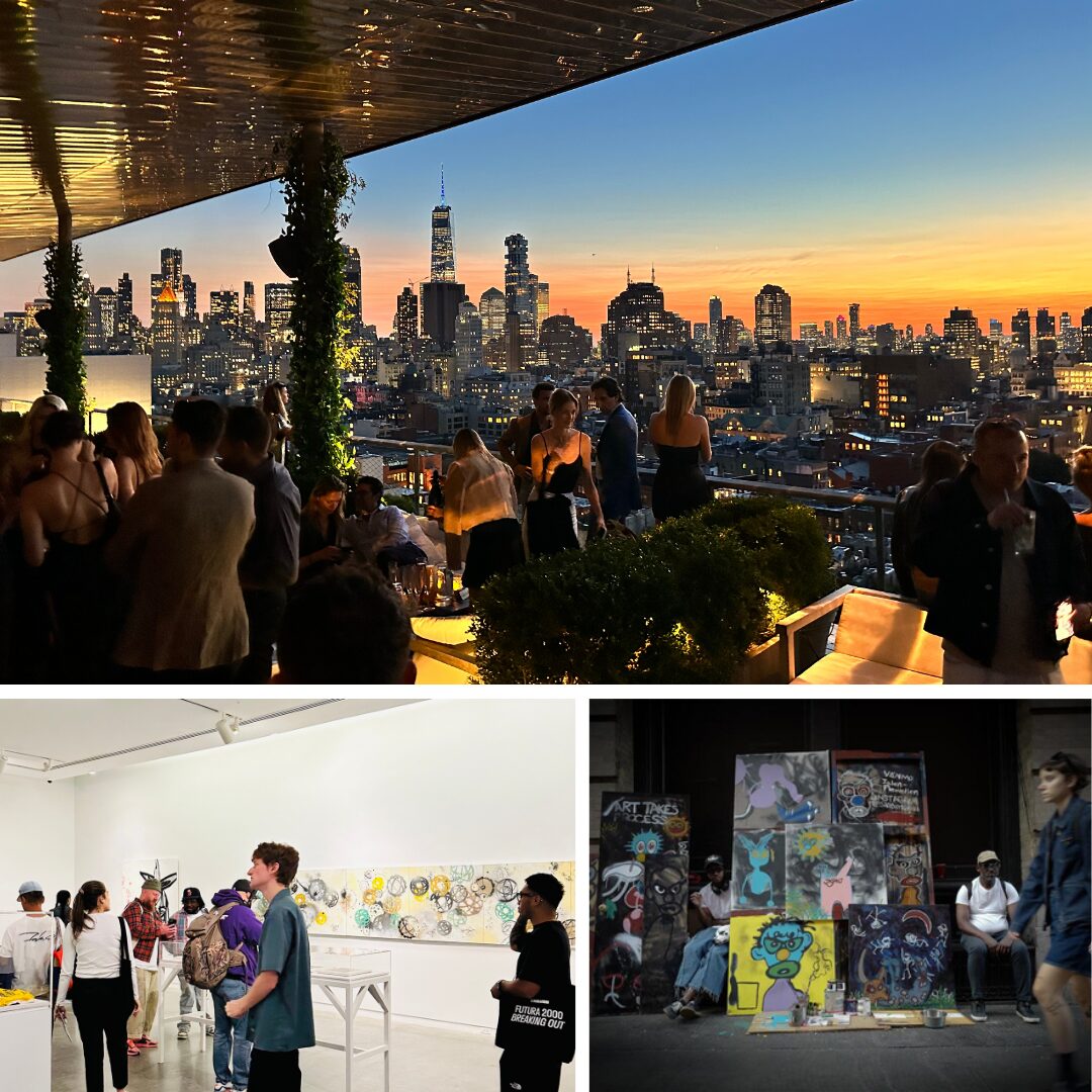 Alt tag: A collage featuring a rooftop party with a city skyline at sunset, an art gallery with attendees viewing exhibits, and street artists with colorful graffiti on display.