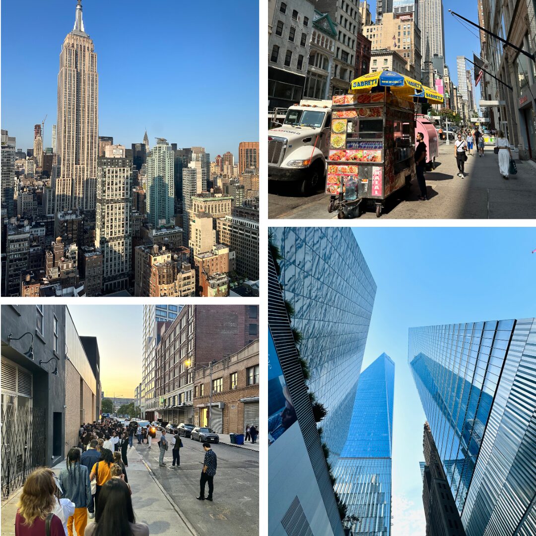 A collage of four images showcasing vibrant New York City: the Empire State Building against a clear blue sky, a busy street scene with a food cart, a bustling sidewalk during sunset, and modern skyscrapers reflecting light.