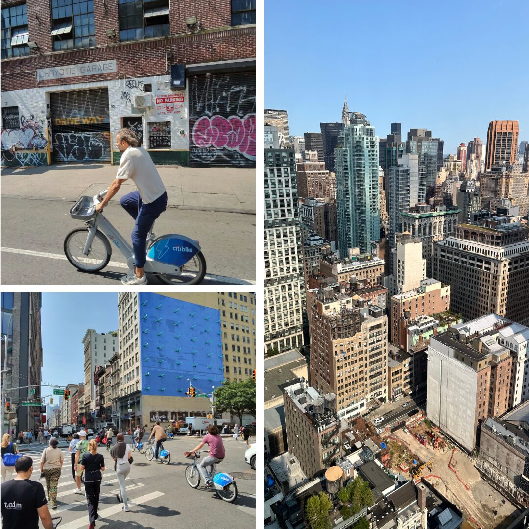A collage depicting urban scenes: the top left features a cyclist riding a Citi Bike past a graffiti-covered building, the bottom left shows pedestrians crossing a busy street with cyclists, and the right side displays a panoramic view of a city skyline with construction sites and tall buildings under a clear blue sky.