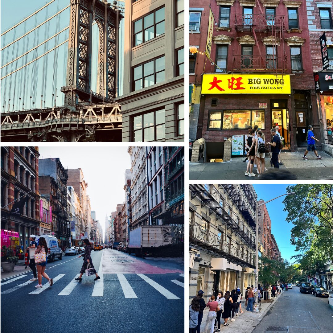 This image presents a vibrant collage of five photographs showcasing the diverse sights and scenes of New York City. In the top-left corner, a striking bridge is prominently featured, while the adjacent photograph highlights a restaurant called "BIG WONG RESTAURANT" with a bold yellow sign in English and Chinese. The bottom-left image captures pedestrians navigating a busy city street, and the right-hand photo depicts a tranquil tree-lined street. Each image is carefully cropped to fit within its respective square section of the collage. The overall effect is one of dynamic movement and visual interest, as the viewer's eye is drawn through the various scenes, taking in the diverse sights and sounds of New York City.