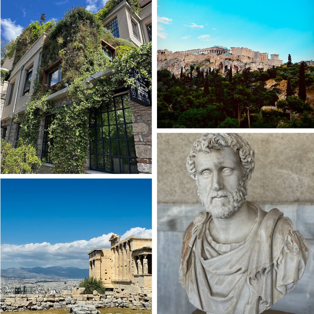 The image presents a collage of four photographs showcasing various aspects of ancient Greek culture and architecture, with a focus on the Acropolis in Athens. **Upper Left:** * A building covered in vines, likely located in Greece * The structure features multiple windows and appears to be constructed from stone or brick **Center Right:** * An image of the Acropolis in Athens, Greece * The iconic Parthenon is prominently visible at the top of the hill * The surrounding landscape is lush with greenery and trees **Lower Left:** * A photograph of an ancient Greek building, possibly a temple or theater * The structure boasts impressive architecture, including columns and arches * In the background, mountains are visible, adding to the sense of history and grandeur **Bottom Right:** * A close-up image of a marble bust of a man with curly hair and a beard * The bust is likely from ancient Greece and features intricate details and textures