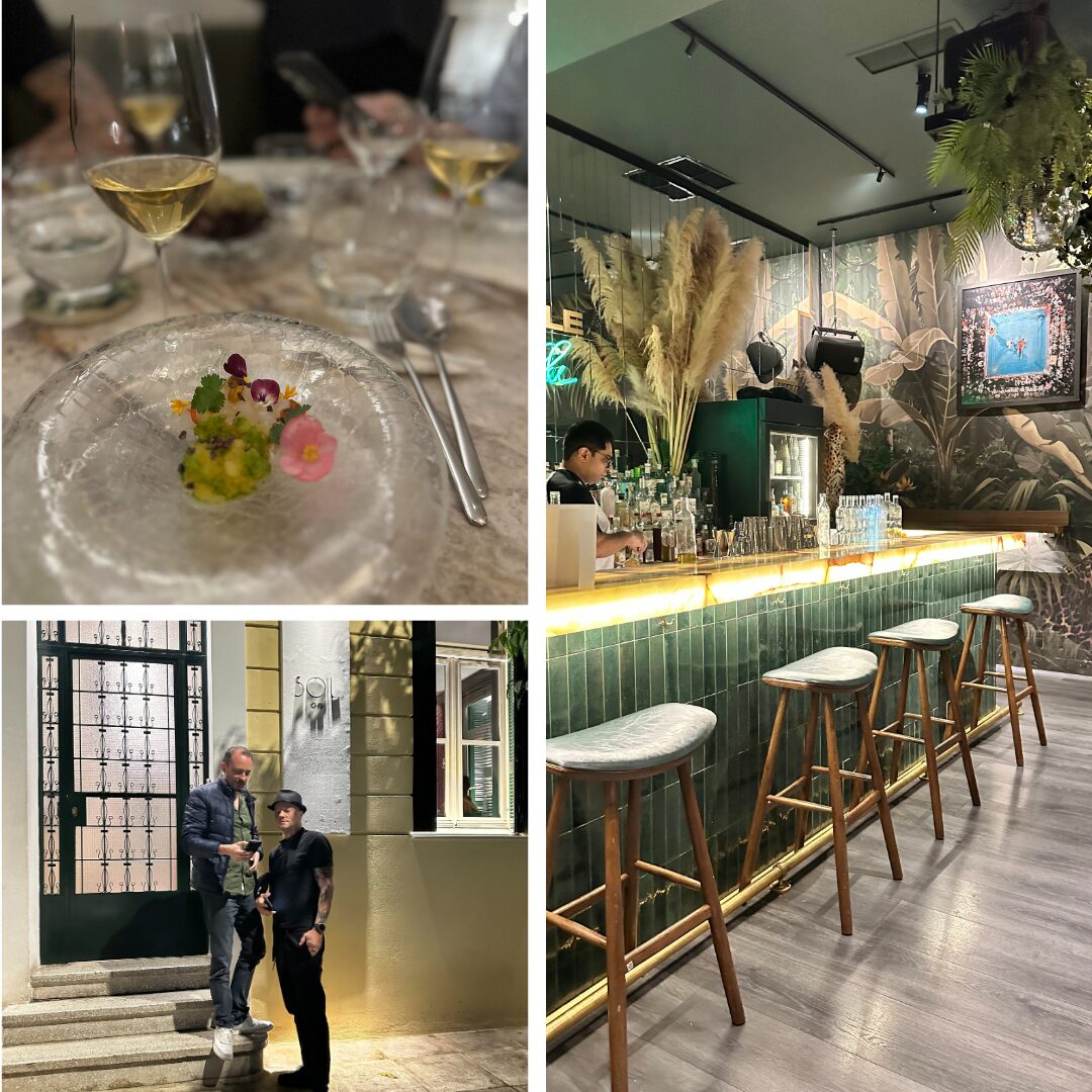 A collage showcasing a dining experience: the top left features a close-up of a gourmet dish garnished with edible flowers and accompanied by wine glasses; the bottom left shows two people engaging outside a stylish restaurant entrance; the top right displays a chic bar with tropical decor and a bartender serving drinks, while the bottom right highlights a row of wooden stools at the bar.