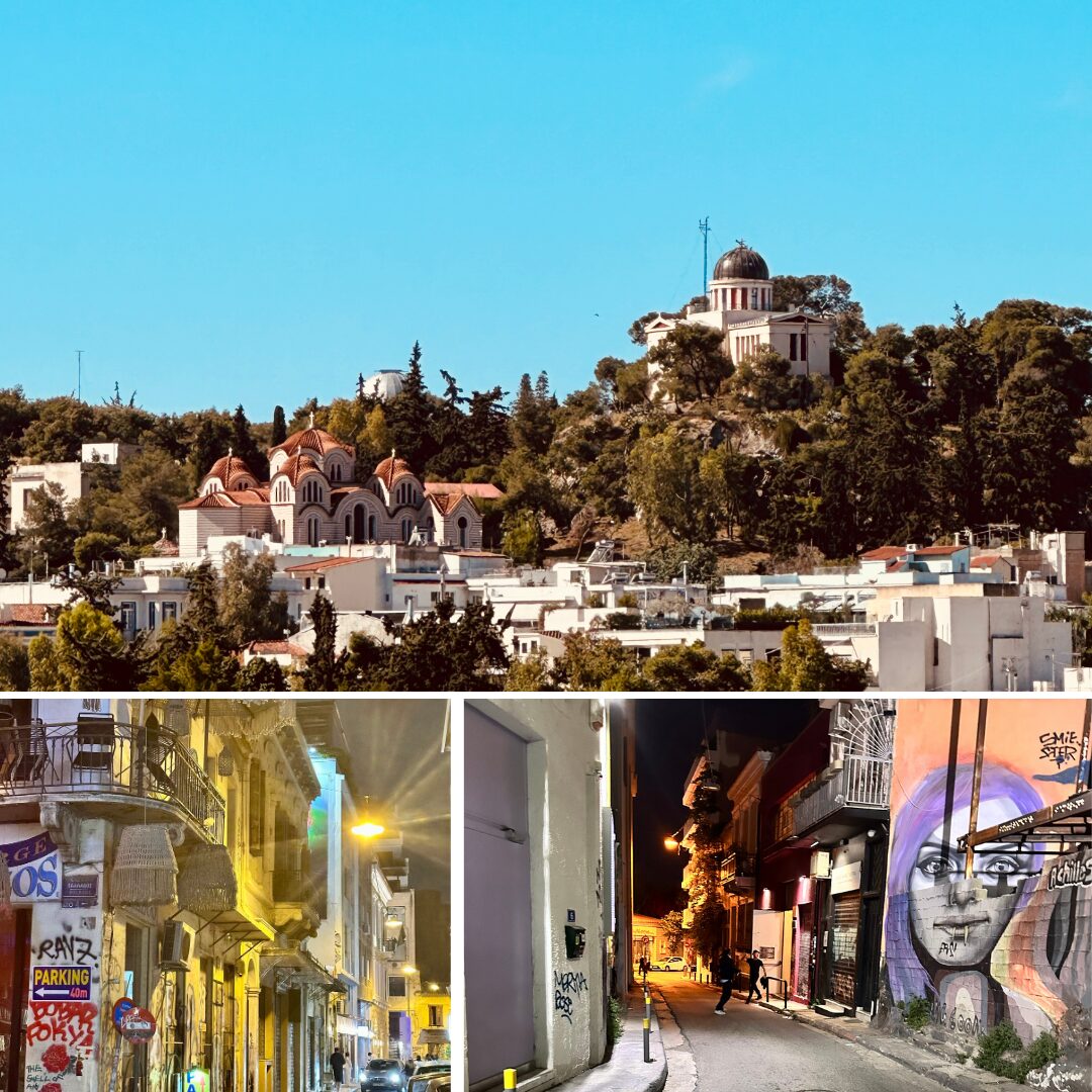 "Panoramic view of a cityscape featuring a hilltop observatory and traditional domed buildings, with close-up shots of narrow, illuminated streets adorned with murals and urban art."
