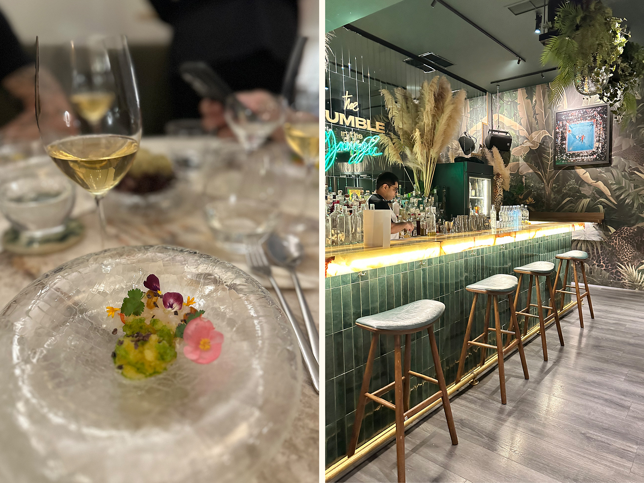 This image presents a dual perspective of two distinct settings, juxtaposed in a vertical composition. The left photograph showcases a dining table adorned with fine china and cutlery, featuring a delicate arrangement of edible flowers on top of ice within a glass bowl at its center. A wine glass filled with white wine sits to the right, accompanied by an empty glass to its left. The blurred background appears to depict a dinner setting in progress. In contrast, the right photograph presents an interior view of a bar or restaurant, where four wooden stools are positioned in front of a long counter featuring a green tile backsplash and illuminated under-counter lighting. Behind the counter, a neon sign bearing the word "the" is visible above several bottles on display. A bartender stands behind the counter, while pampas grass and other decorative elements adorn the bar area. The two photographs are separated by a white vertical line, creating an intriguing visual contrast between the formal dining setting and the casual bar atmosphere.