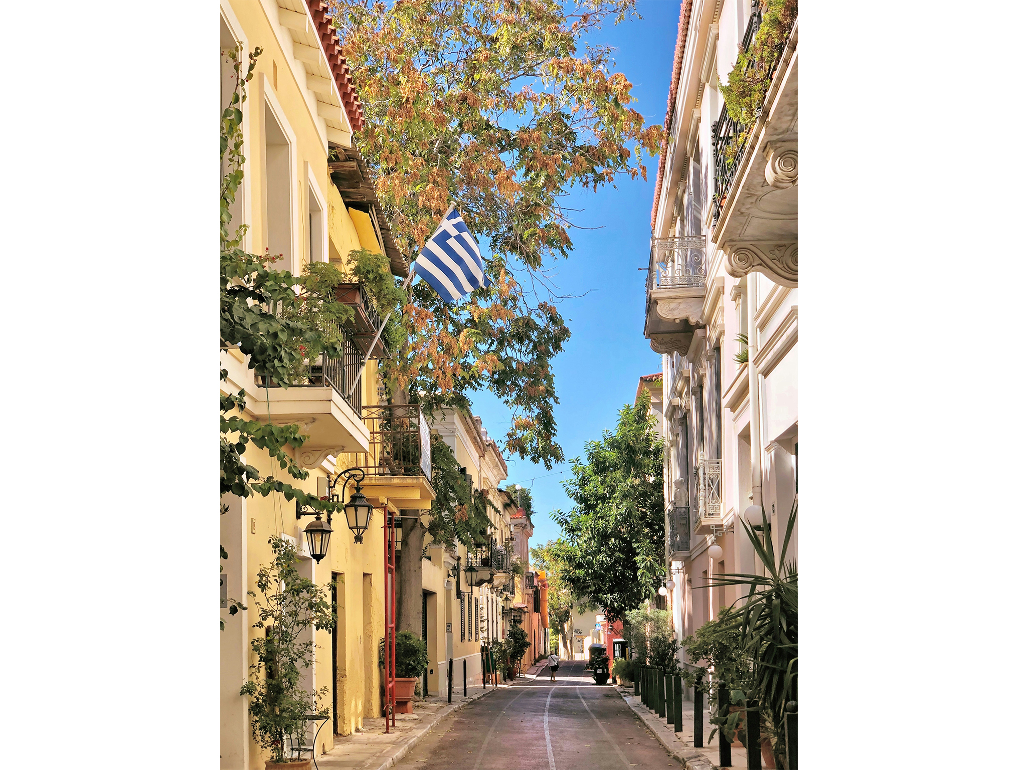 A picturesque street in Greece, featuring colorful buildings with balconies, greenery, and a Greek flag hanging among trees under a clear blue sky.