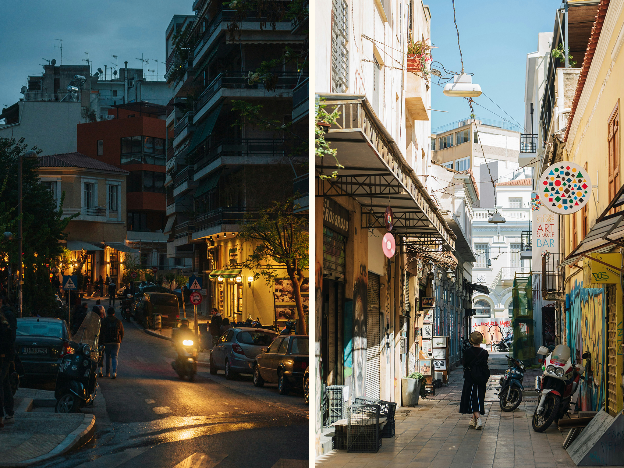 Split image of a bustling street scene at dusk featuring illuminated restaurants and parked cars on the left, and a vibrant, sunlit alley with colorful street art and shops on the right.