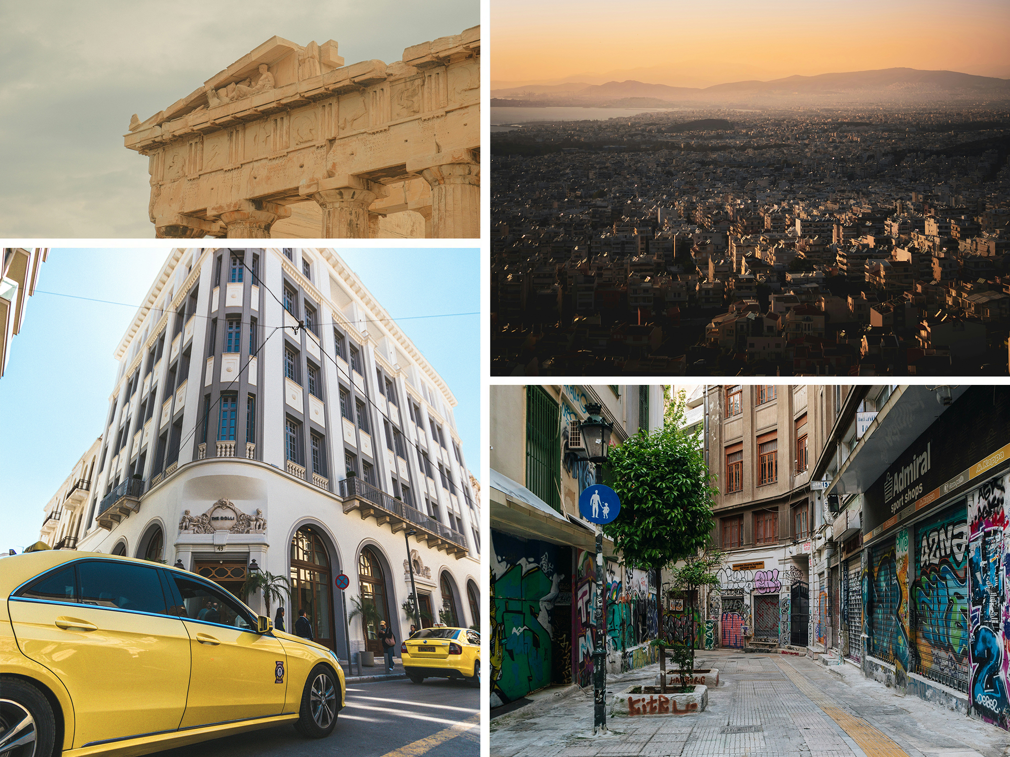 A collage featuring iconic sites in Athens, Greece, including the Parthenon, a modern building facade, a bustling cityscape at sunset, a yellow taxi cab, and a narrow graffiti-covered alleyway, illustrating the blend of historical and contemporary culture.