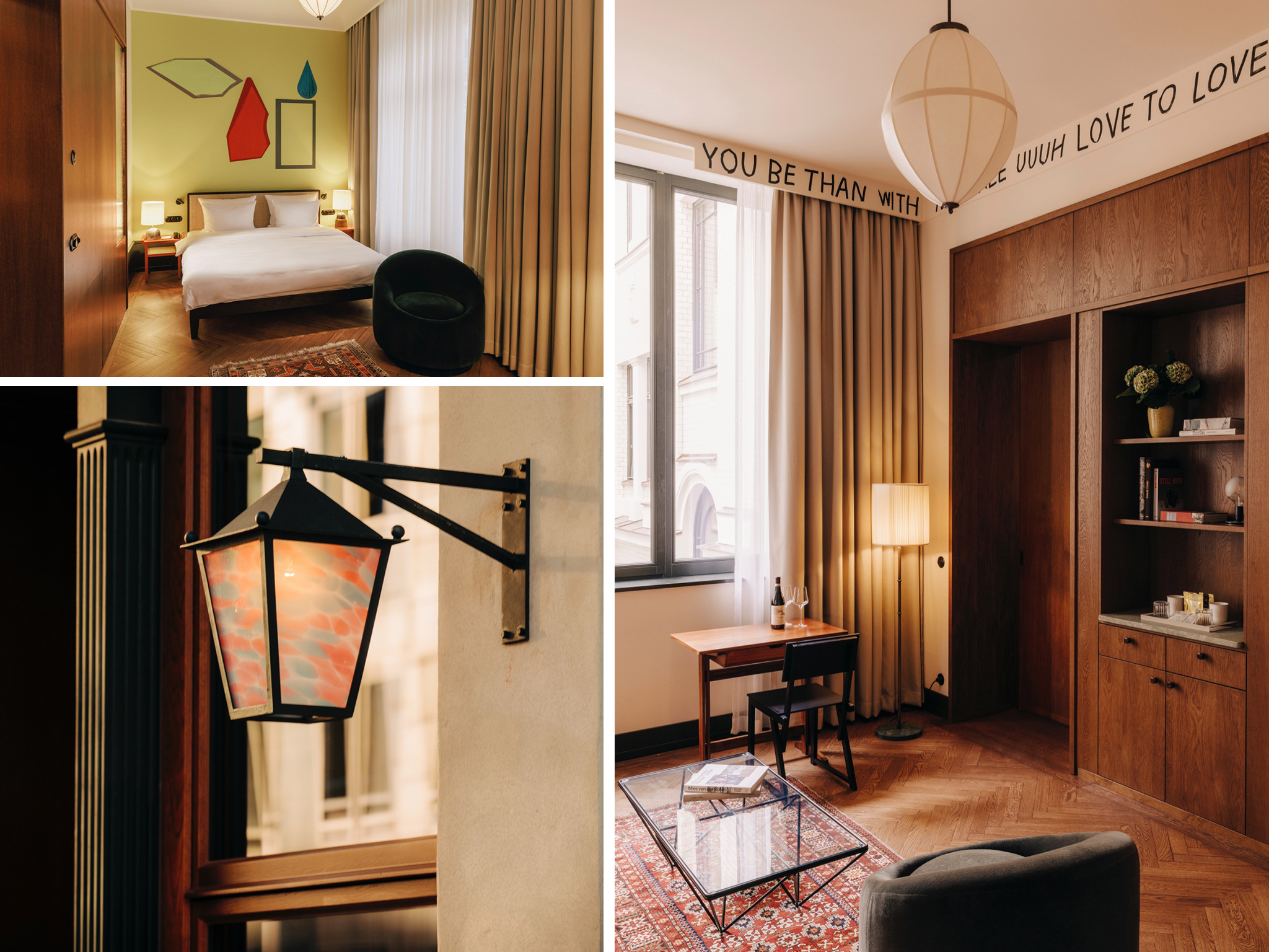 Cozy hotel room featuring a modern design with a green accent wall, a large bed, a stylish armchair, and decorative artwork. The space includes a desk area with a lamp, a wall-mounted lantern, and a warm, inviting atmosphere highlighted by natural light and chic furnishings.