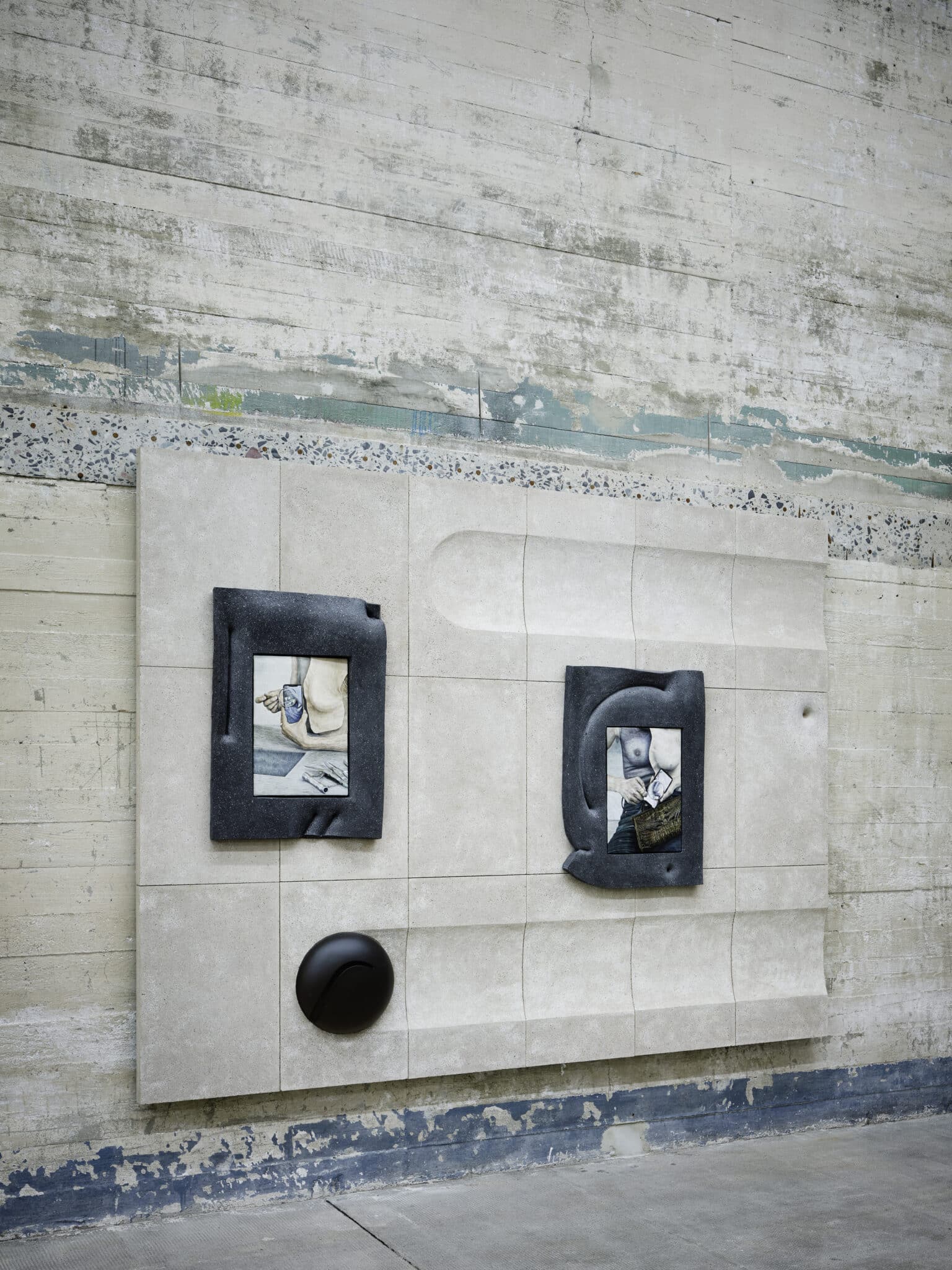 Alt tag: "Abstract wall art featuring two framed images set against a textured, light-colored background with geometric shapes and a black circular element."