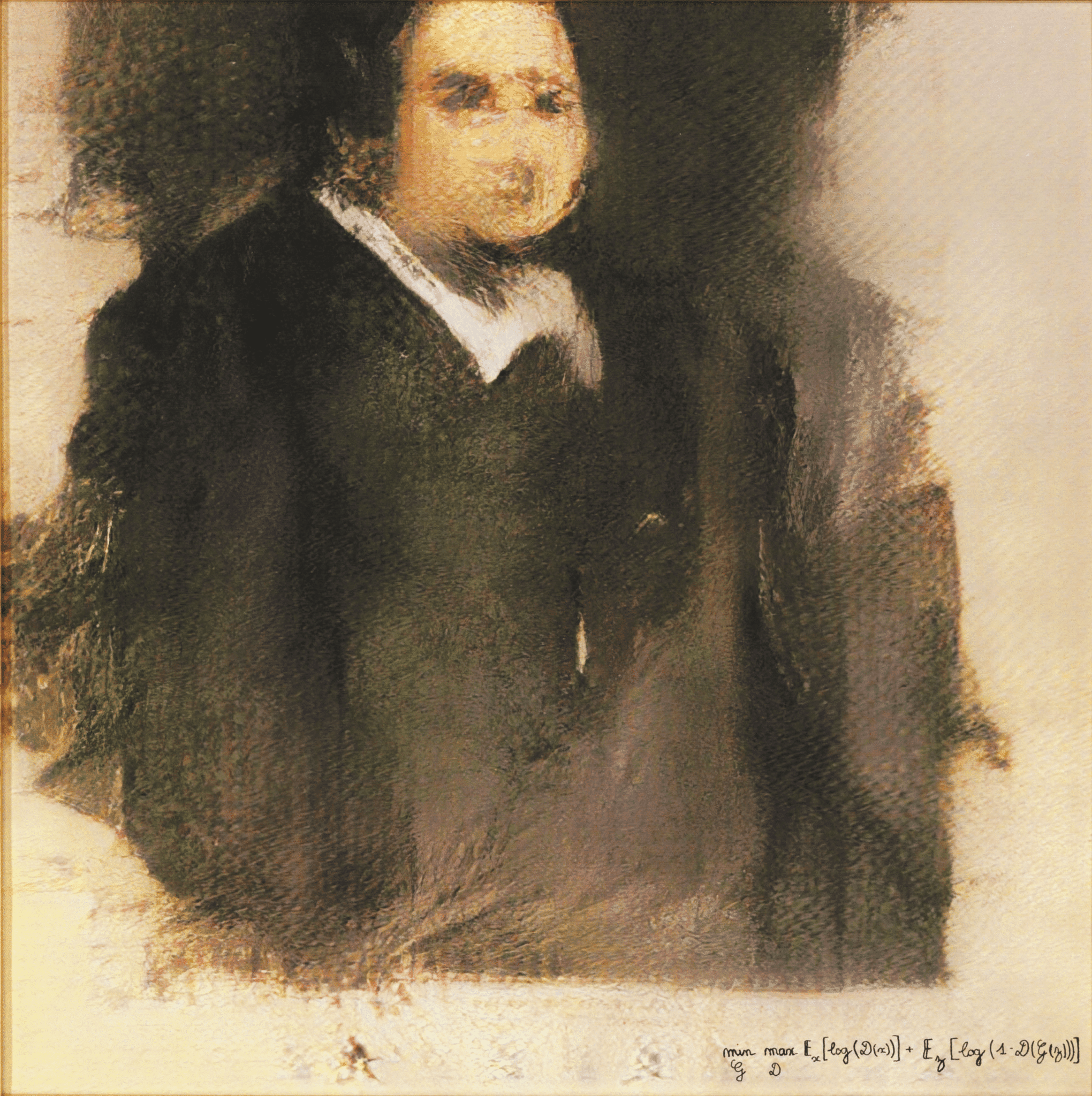 This image features a portrait of Rembrandt van Rijn, the renowned Dutch painter and etcher, created by himself in 1634. The painting depicts Rembrandt wearing a black jacket with a white collar and facing towards the right side of the frame. His face is characterized by deep lines around his mouth and eyes, giving him a somewhat sad or tired appearance. The image is rendered in shades of brown and gray, with a subtle texture that suggests it may be a photograph of an oil painting. The background of the image is a light beige color, providing a neutral contrast to Rembrandt's dark attire. A faint mathematical equation is visible at the bottom right corner of the image, although its significance is unclear in relation to the portrait itself. Overall, this image presents a thought-provoking and introspective portrayal of one of history's most celebrated artists.